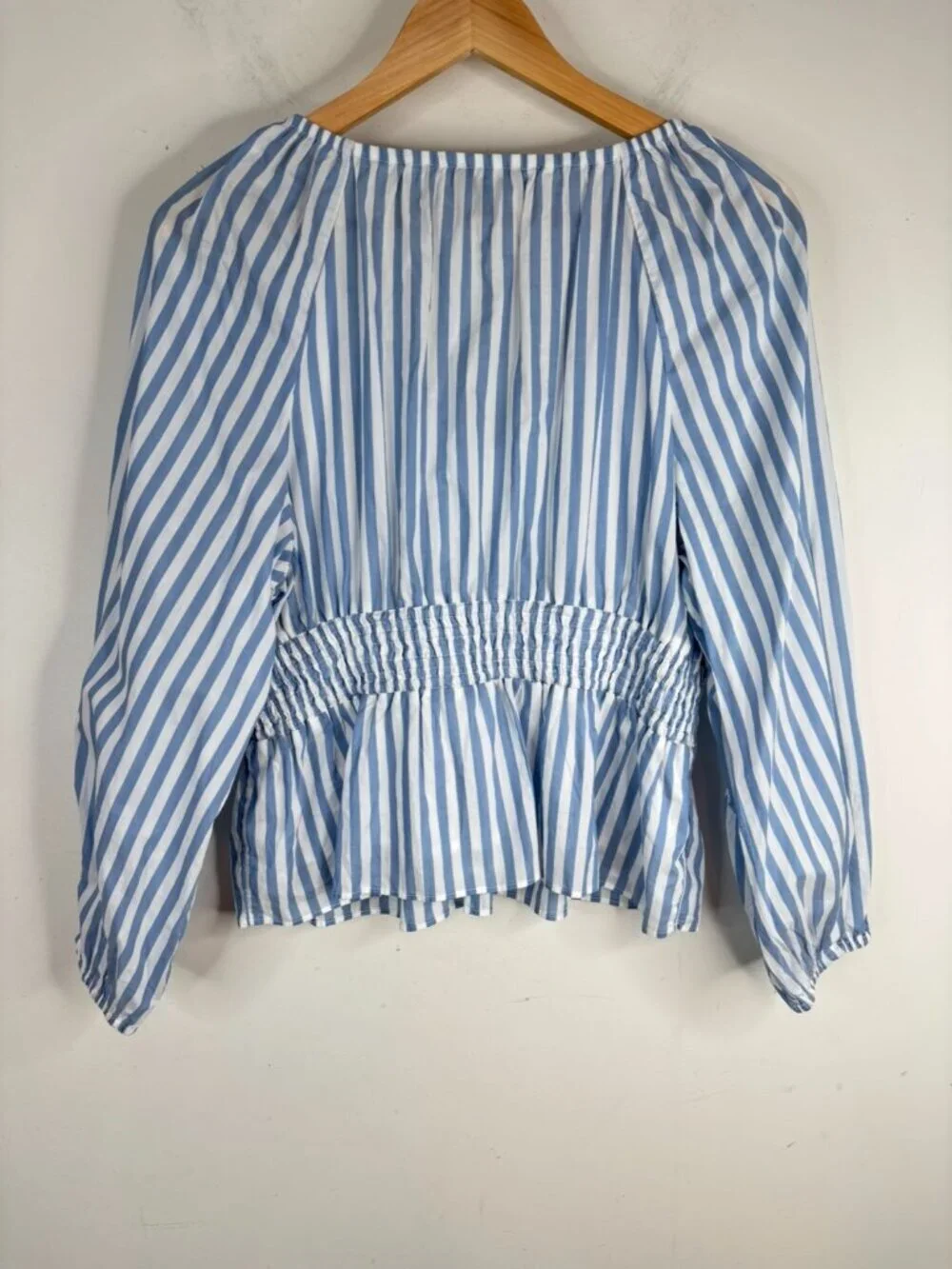 J Crew V Neck Smocked Waist Top M Stripe Long Sleeve Blue Peplum Coastal Preppy